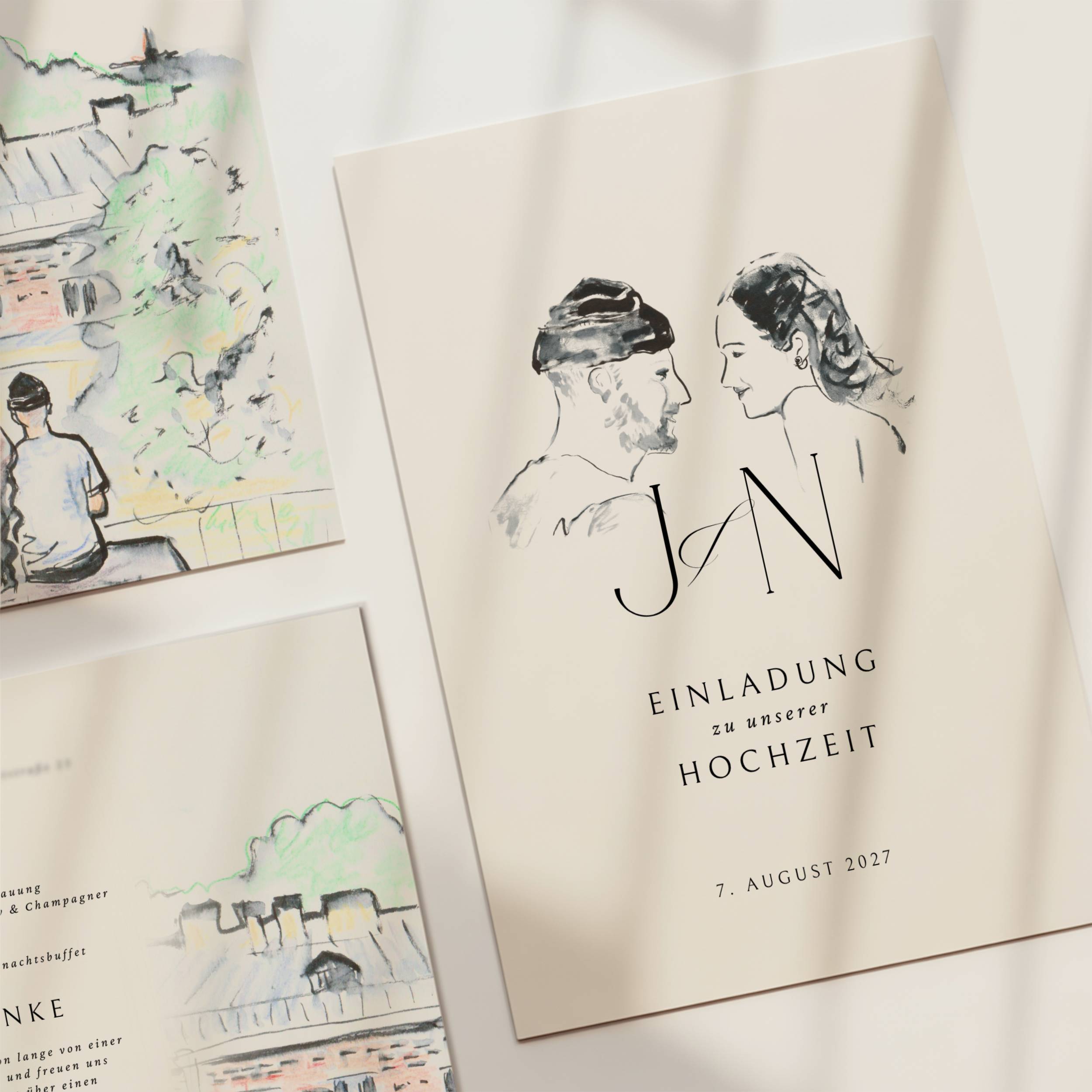 Illustrated wedding invitation, black ink and colored pencil