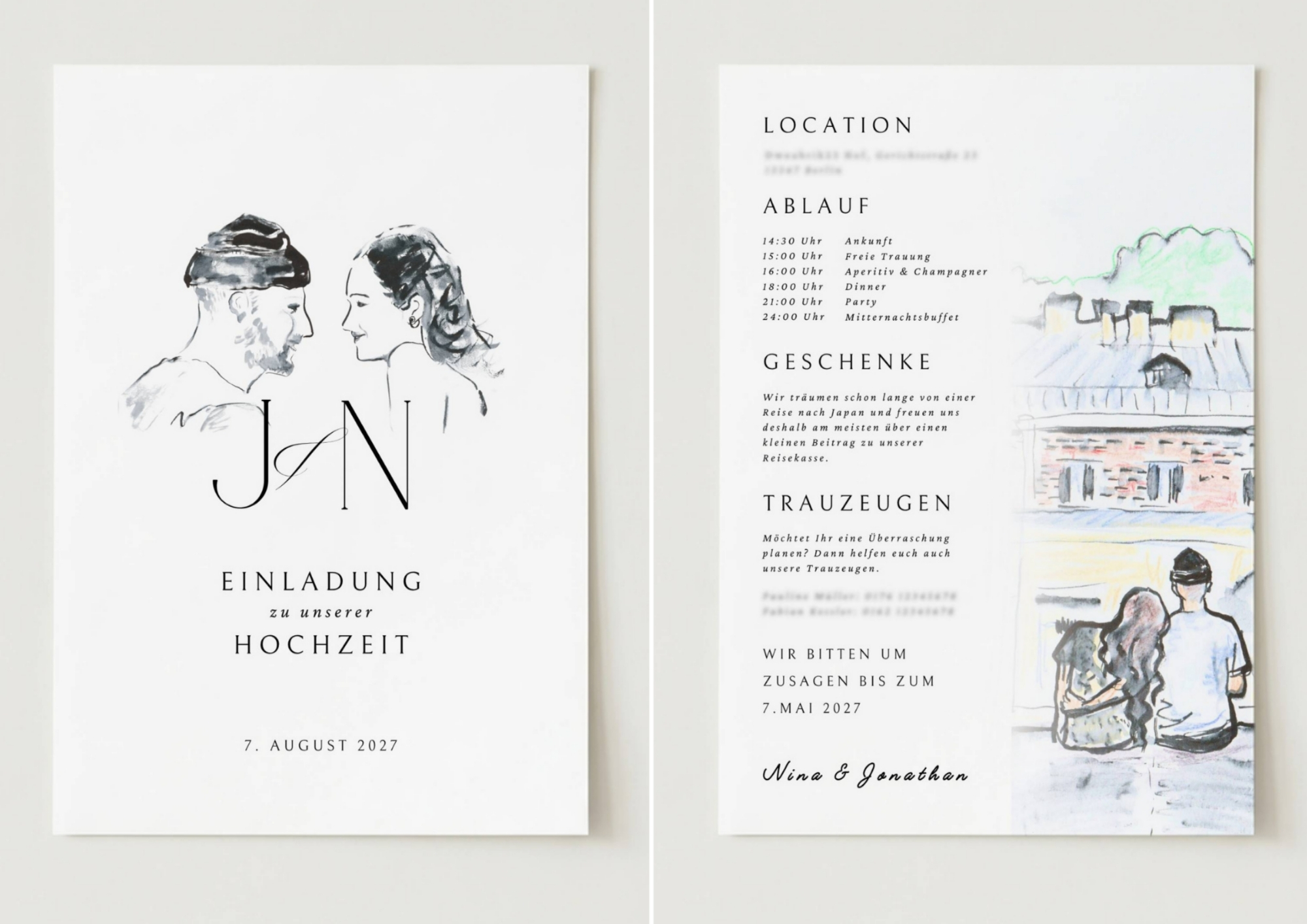 Illustrated wedding invitation, detail view